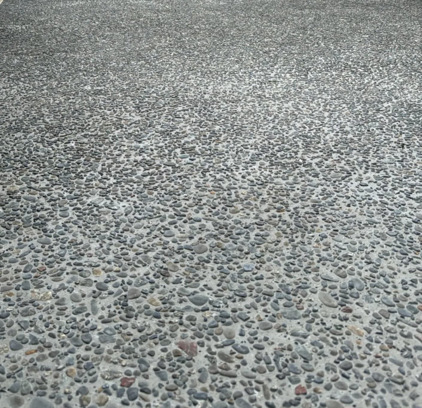Exposed aggregate concrete surface with natural stone and pebbles revealed, on a Wellington driveway